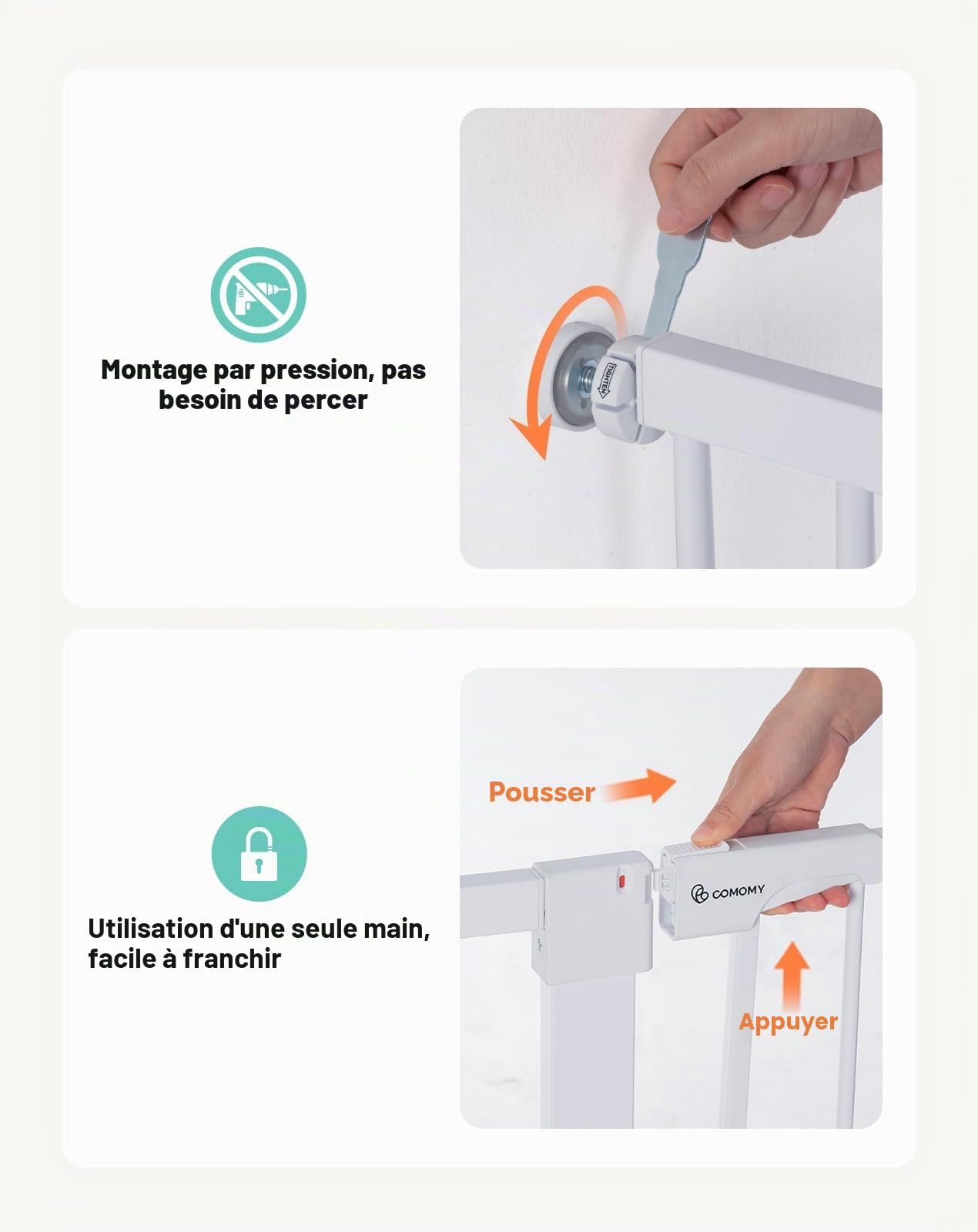 COMOMY Barriere de Securite Enfant Super Haute, 75-110cm Barriere Chien Escalier, sans Percage, Extensible, Fermeture Automatique, Monté sous Pression (Blanc) | Barrière de sécurité robuste à fermeture automatique pour chien, montée par pression, facile à