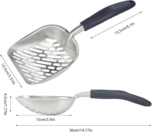 Miniatura 2 de Paquete de 2 cucharas de arena para gatos con mango largo, pala profunda sólida, pala elevadora de excrementos de gatitos con agujero, caja de arena