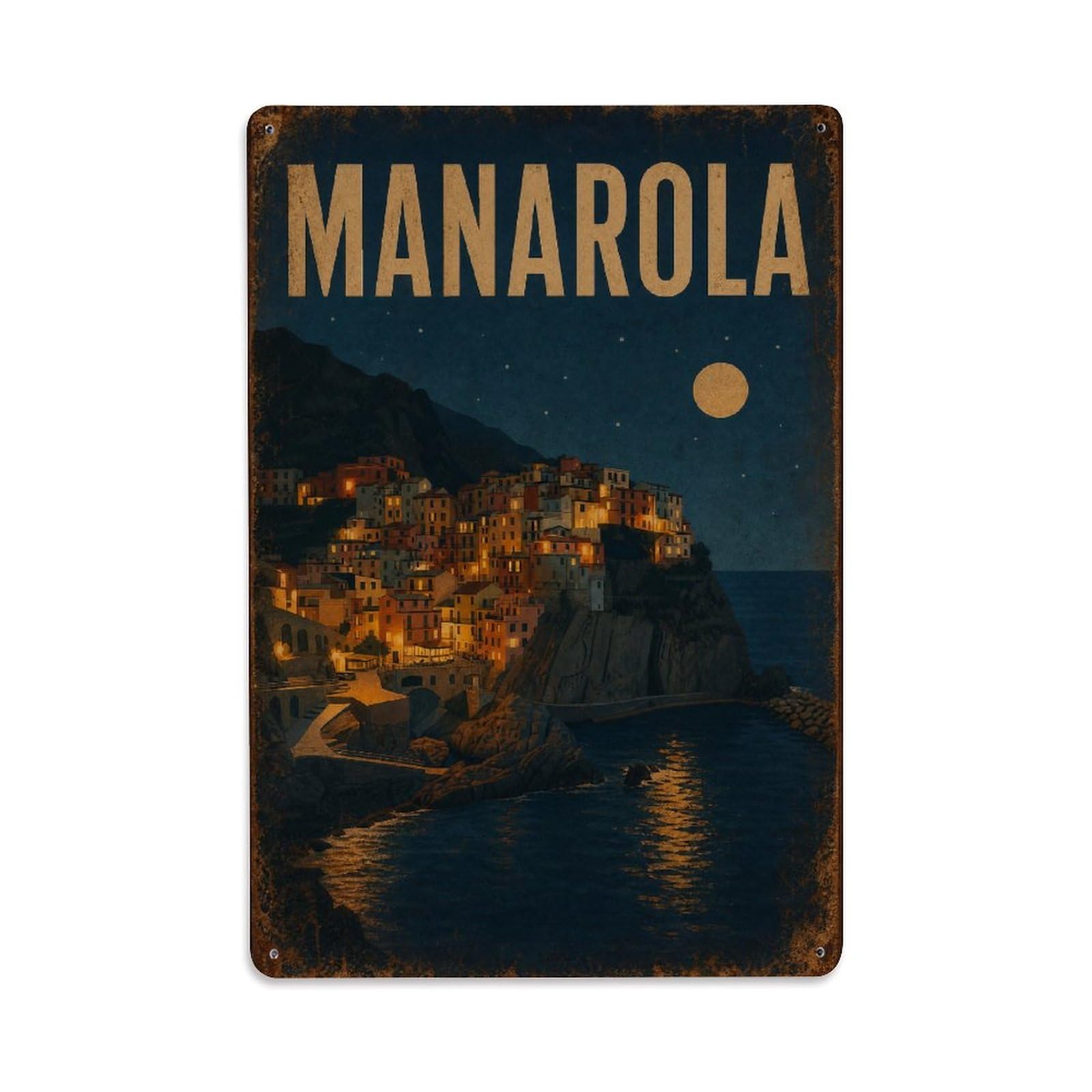 Huiyhb 8X12inch(20X30cm) Vintage Travel Manarola Night Lights Village Glow Italy Metal Tin Sign