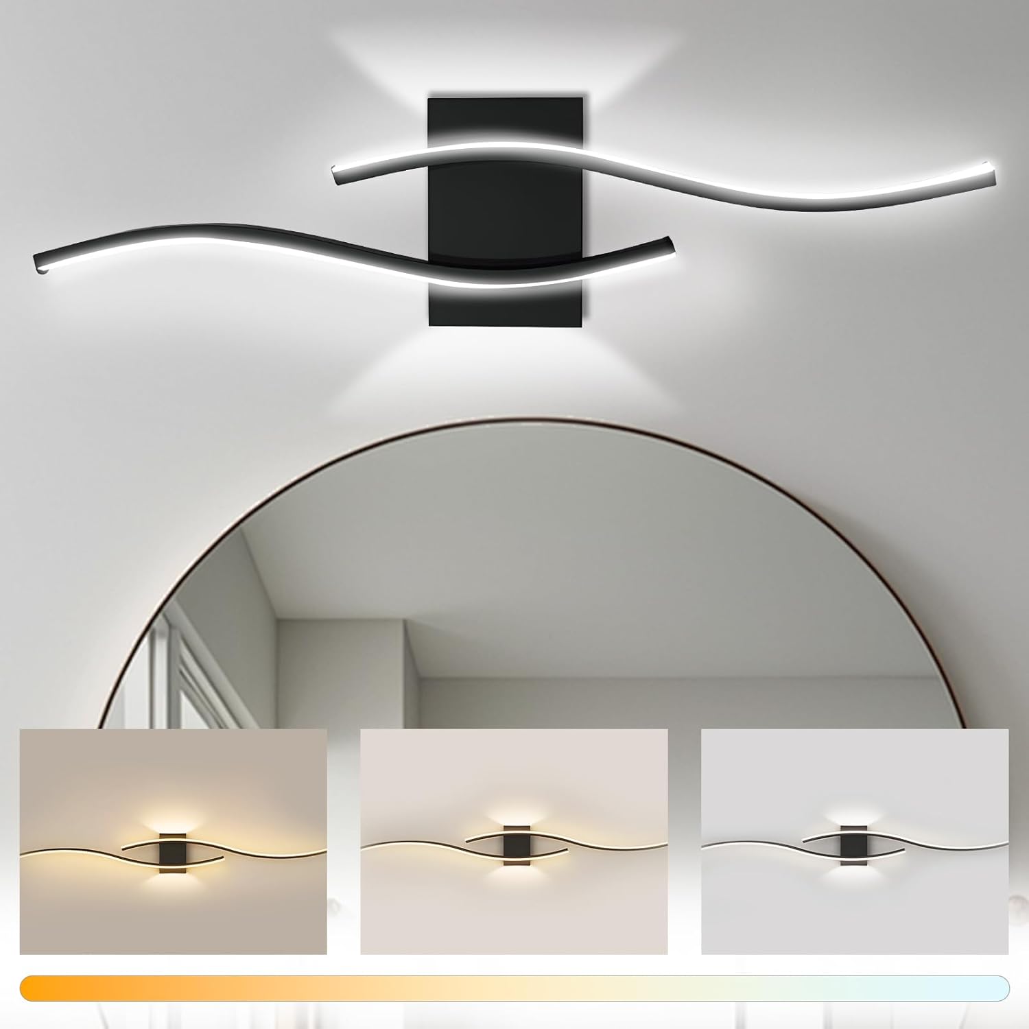 Modern Led Wall Sconce, 24inch Dimmable Barthroom Vanity Light Over Mirror 24W Wall Light Fixtures Stair Lights Wall Lamp for Bedroom Bedside Livingroom Hallway Hotel 3 Color Change 24W Dimmable Black