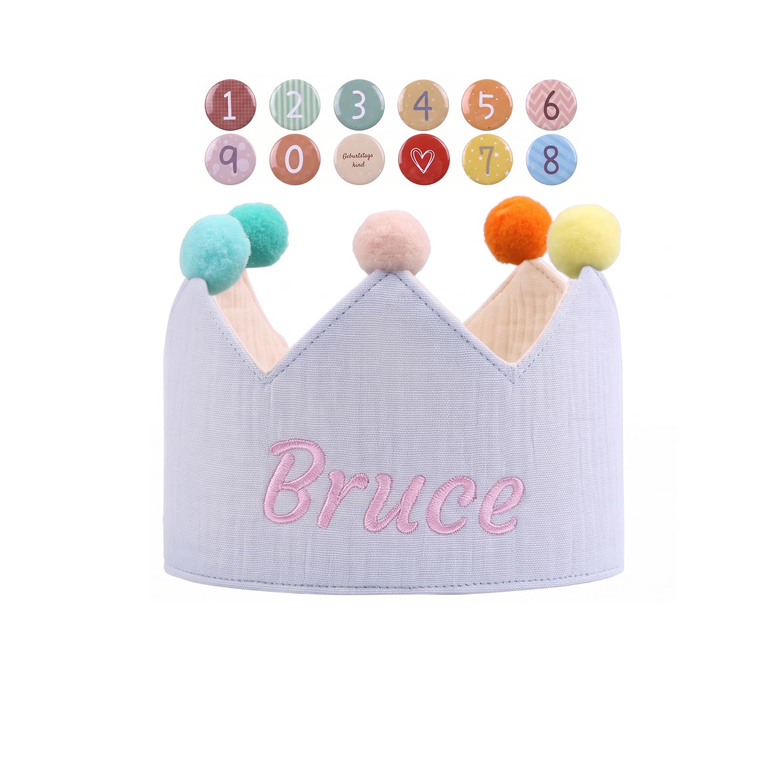 Gaosh Personalised Birthday Crown for Boys and Girls with Embroidered Name Cotton Children Birthday Headband with Numbered 0–9 Adjustable Straps Birthday Hats Party Decoration (Light blue) — image 1