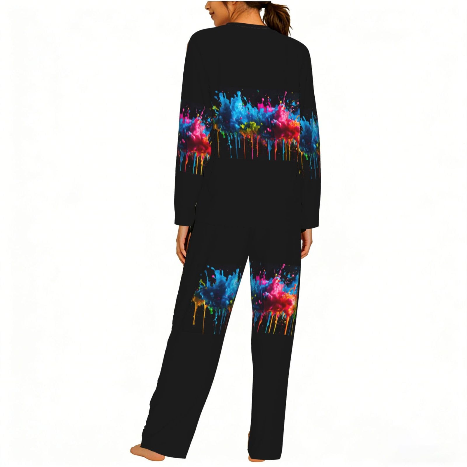 Paint Splatter sfondo stampa donna manica lunga pigiama abbinato morbido spiaggia vacanza biancheria da notte regalo casual
