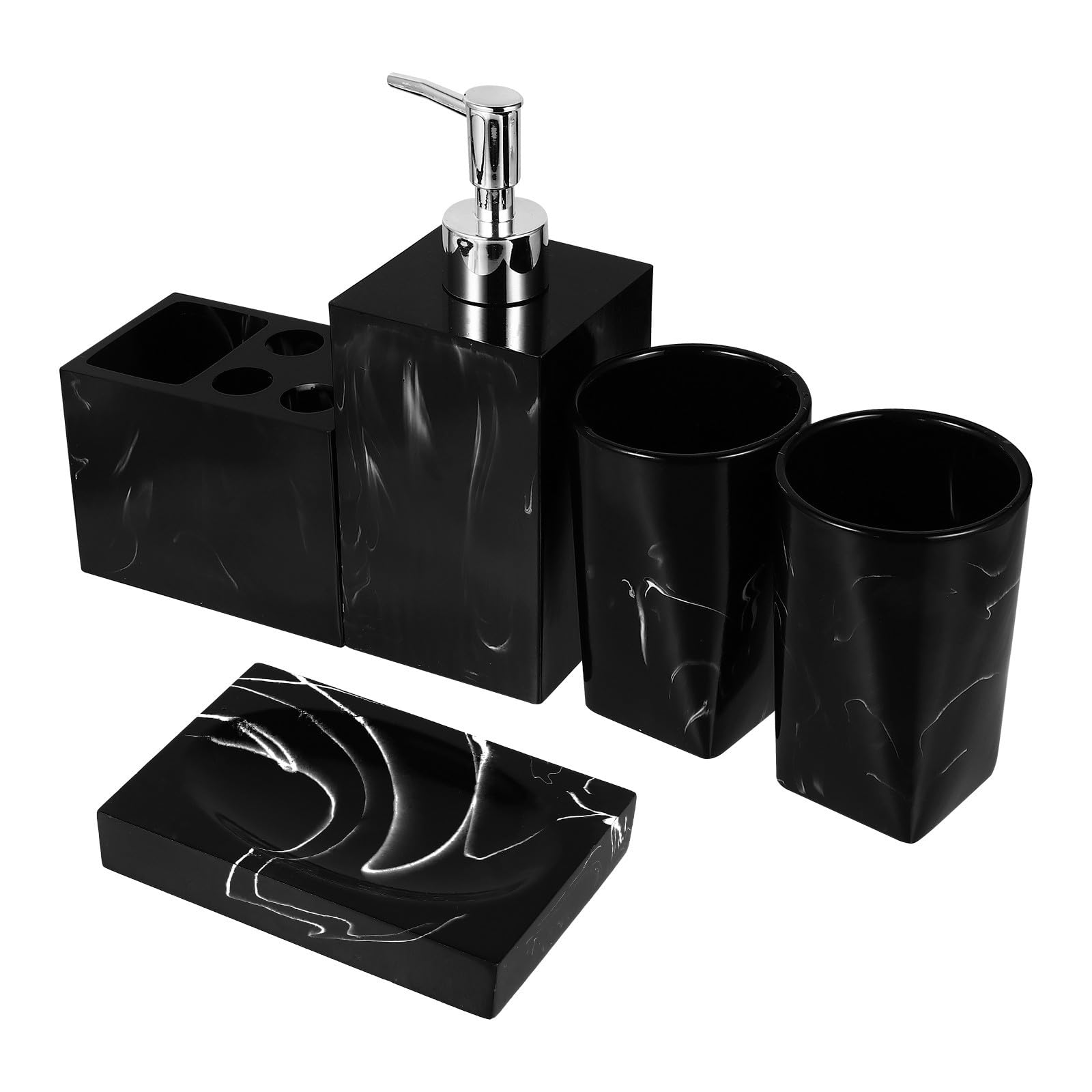 BESTOYARD Set de Accesorios de Baño en Resina Negra Estante para Cepillos de Dientes y Jabonera, Diseño Jaspeado Cómodo para Mantener el Baño Organizado