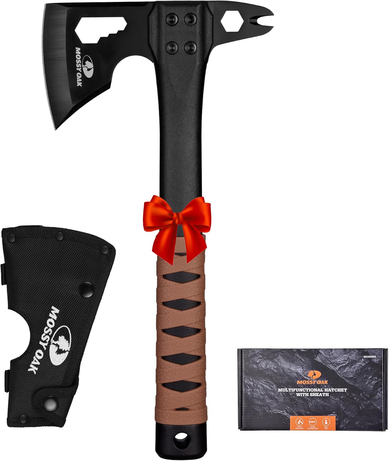 MOSSY OAK 12" Camping Axe and Survival Hatchet with Sheath, Compact Outdoor Multitool Hatchet with Hex Wrench Slots, Non-Slip Dual-Color Handle, Small
