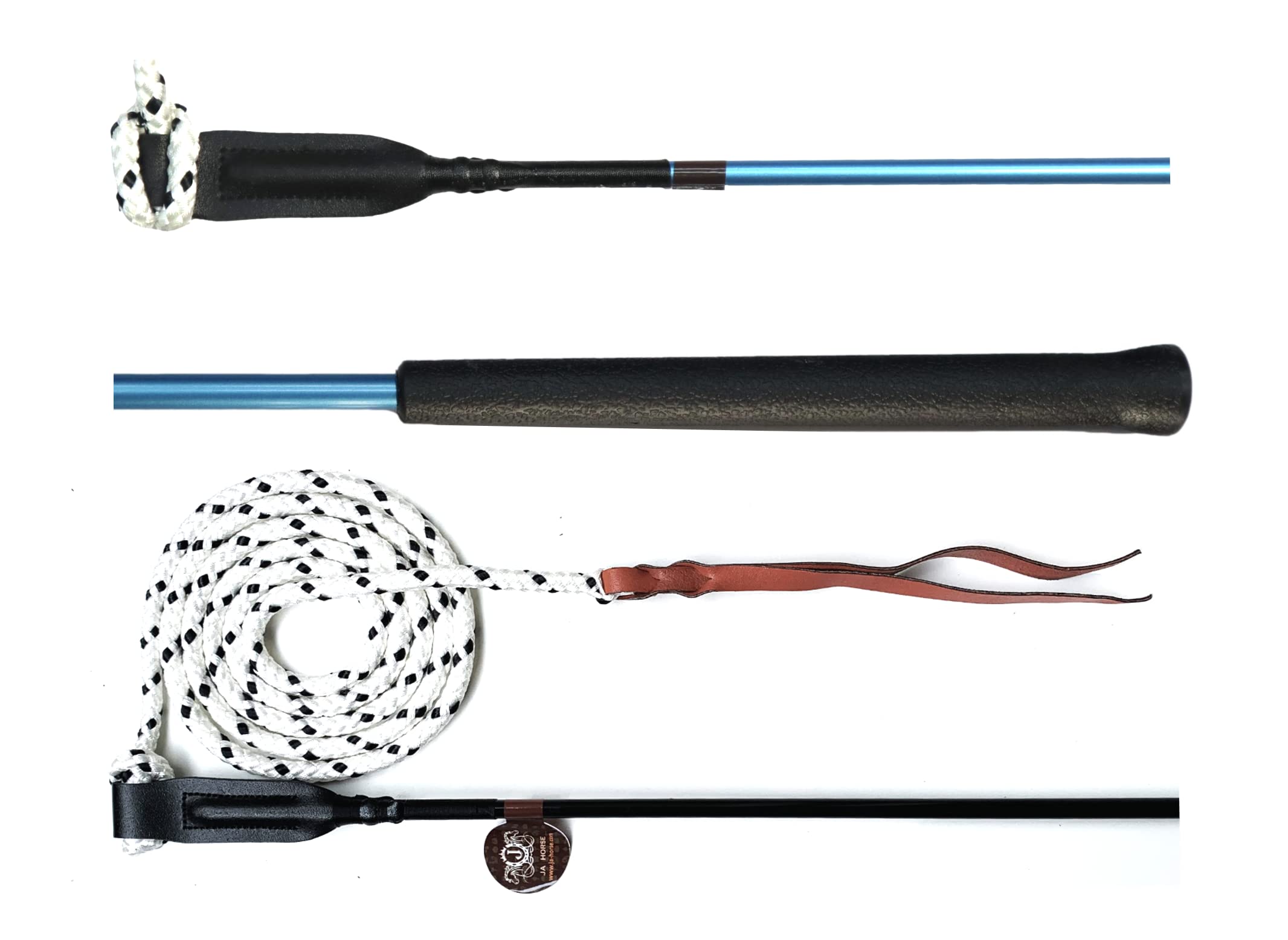 JA0035 Pferd Kontaktstock mit Seil Training Bodenarbeit 100/120 cm, Bodenarbeitstick Reitstick Pferdestick Longiergerte Finesse-Stick Carrot Horsemanship Stick (120 cm, JA Basic-Griff metallic blau)