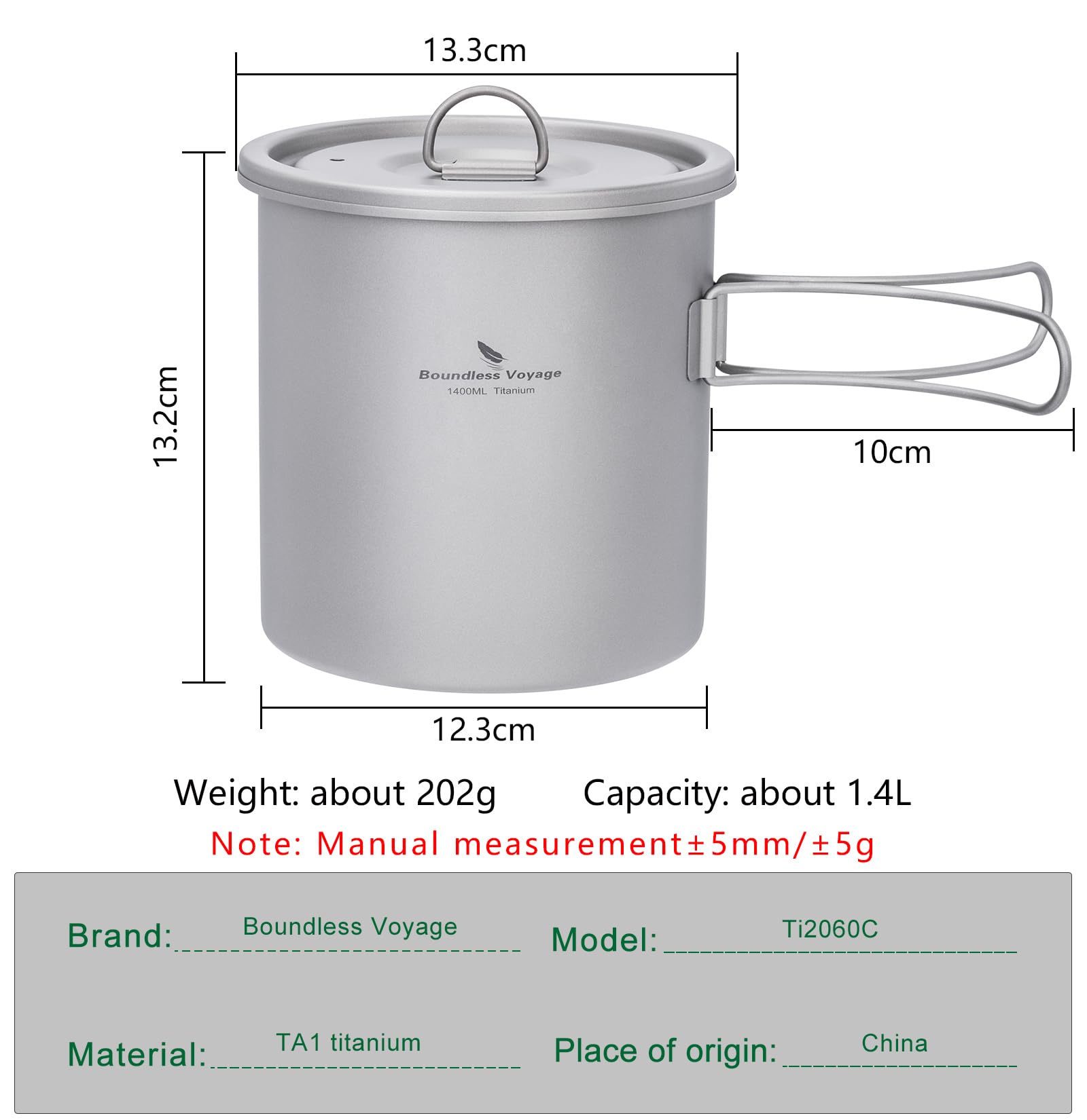 iBasingo Ti2060C Ti2060C - Pentola da campeggio leggera in titanio da 1400 ml (1,4 l), con manico pieghevole e coperchio, resistente, antiruggine, per escursioni, escursioni e avventure all'aria
