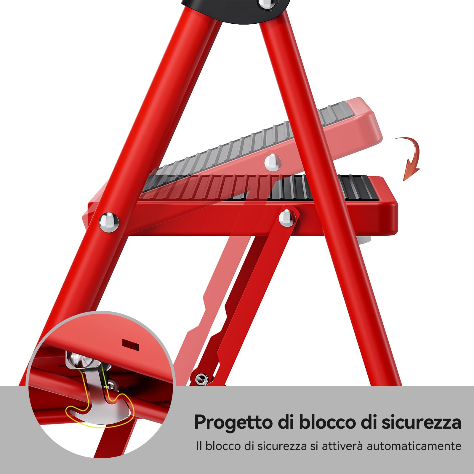 KINGRACK Scala a 2 gradini, scala pieghevole con pedale antiscivolo e largo, scala piccola con maniglia, in acciaio robusta, leggera e portatile, rossa