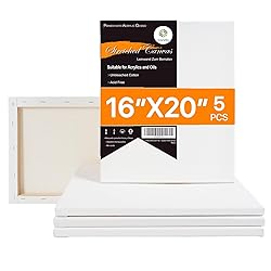 CONDA 16x20 inch Stretched Canvas for Painting, Pack of 5, Primed, 100% Cotton 5/8 Inch Profile Value Bulk Pack for Acrylics, Oils Painting