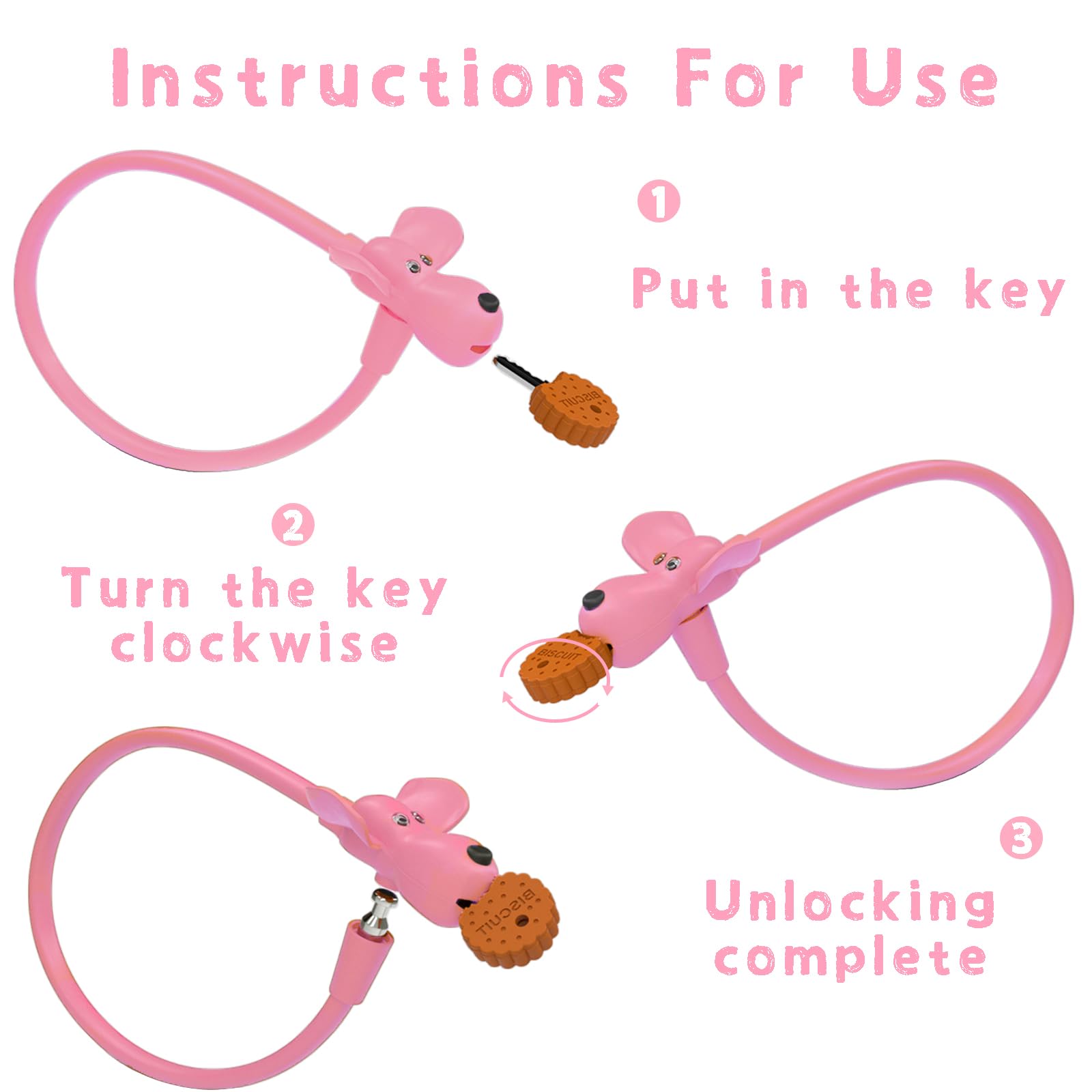 Candado Para Bicicleta Con Forma De Galleta Para Perros - Alambre De Acero Con Funda De Silicona - Incluye Dos Llaves - Rosa