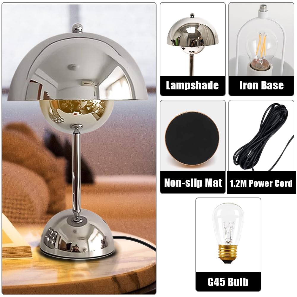 Nachttischlampe mit Touch Control,Silber Dimmbare Pilz Tischleuchte mit E27-Glühbirne für Schlafzimmer,Wohnzimmer,Studie,Kinderzimmer,Arbeitszimmer,Café,Restaurant(G45 Glühbirne)