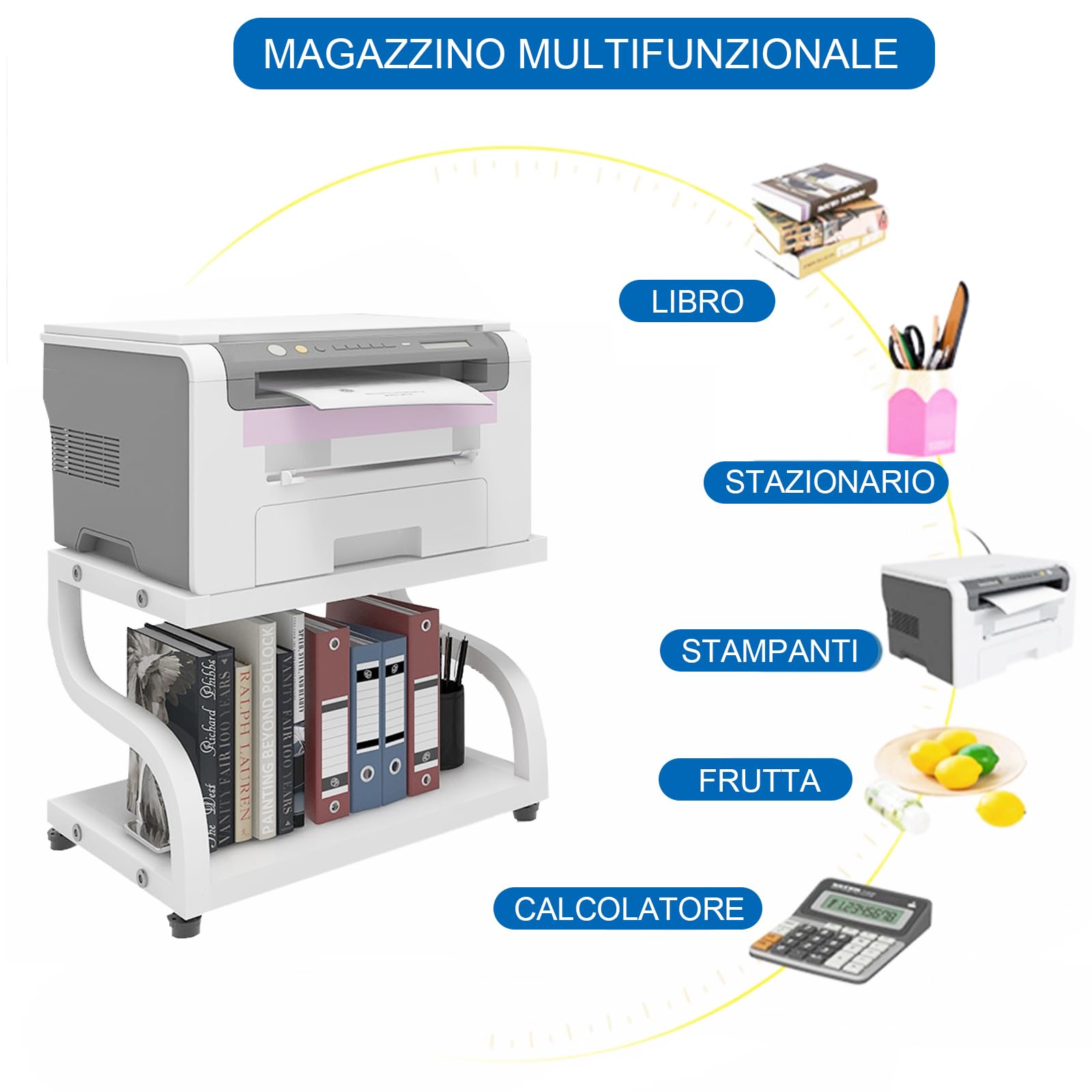 PUNCIA Supporto per Stampante da Tavoloa 2 Livelli 44x28x30CM Porta Stampante Tavolo da Lavoro Antiscivolo per Organizer da Tavolo,Vassoio a due Livelli per Forno a Microonde Bianco