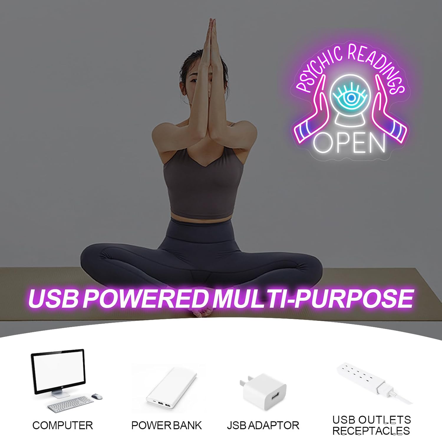 Psychic Readings Open Neon Sign, Palm Reader Wall Light, Home Wall Decor, Yoga Led Sign, Exercise Room Wall Decor, Pilates Studio Art Meditation Room Wall Art Psychic Chakras Healing Exercise - Image 5