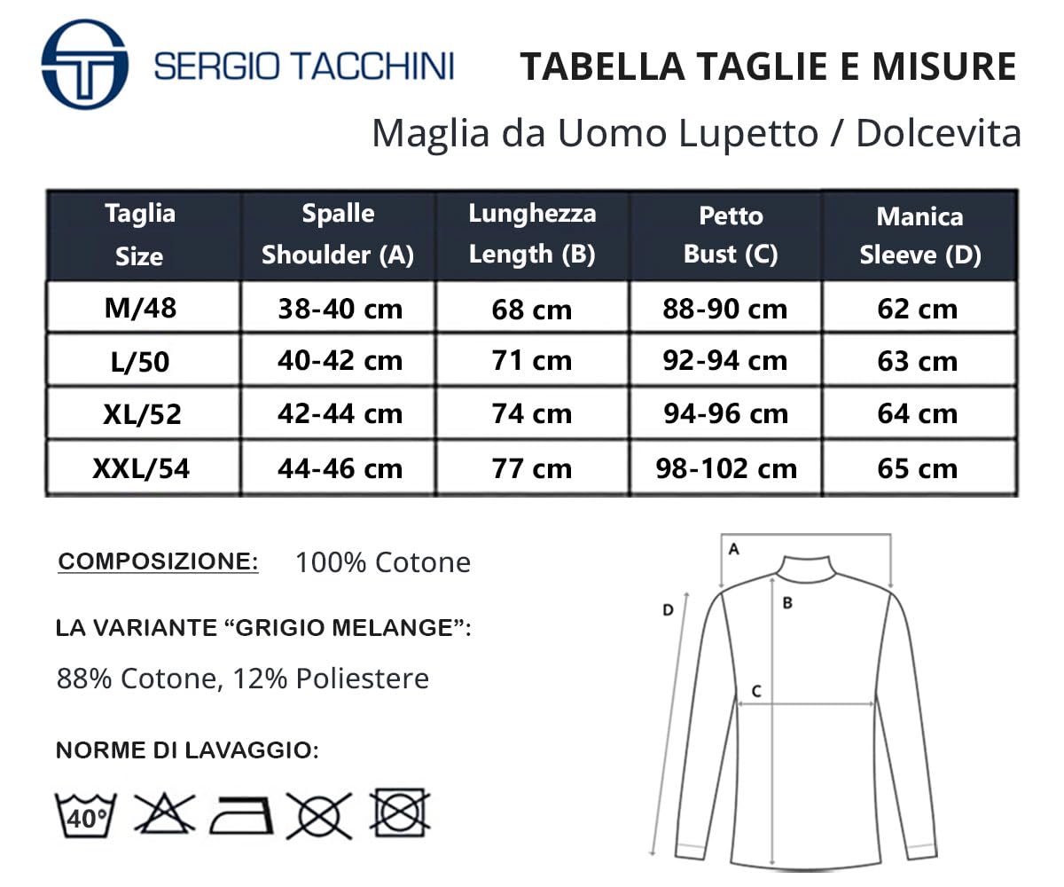 Sergio Tacchini Maglia da Uomo Dolcevita Caldo Cotone, 3pz Blu XL