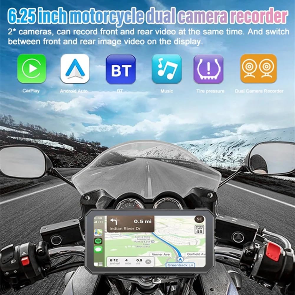 6,25 Motorrad-DVR, Kabelloses CarPlay für Android Auto, GPS-Navigationsmonitor, Bluetooth, Wasserdichter Touchscreen