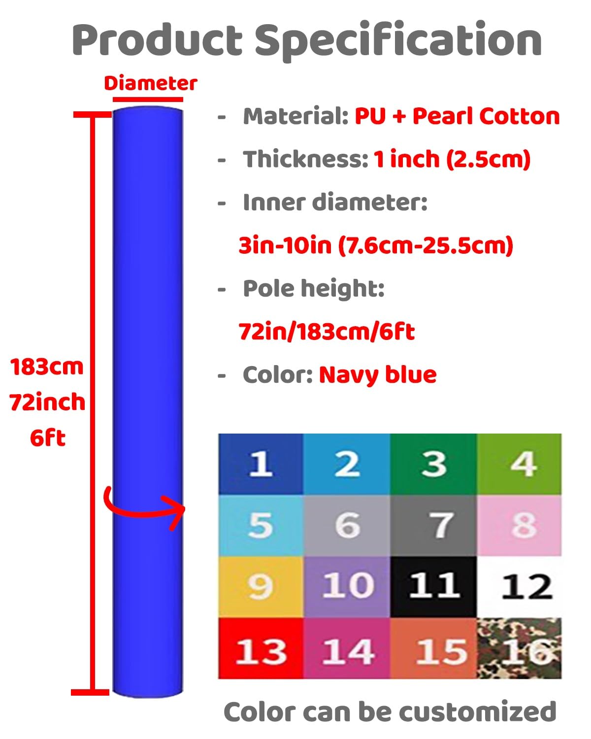 Basketballkorb-Polsterung, robuste Sicherheitspolster für 7,6 cm - 25,4 cm Pfosten, 1,8 m Wickelschutz für Zuhause, Fitnessstudio und Spielplatz (10,2 cm Durchmesser, schwarz)