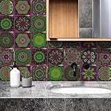 Baldosas Adhesivas Pared 15x15 cm Mandala Verde Púrpura Vinilo Adhesivo Cocina Impermeable Suelo Vinilo Autoadhesivo para Gabinete Chimenea Escaleras Azulejos Adhesivos Baño 36 Piezas