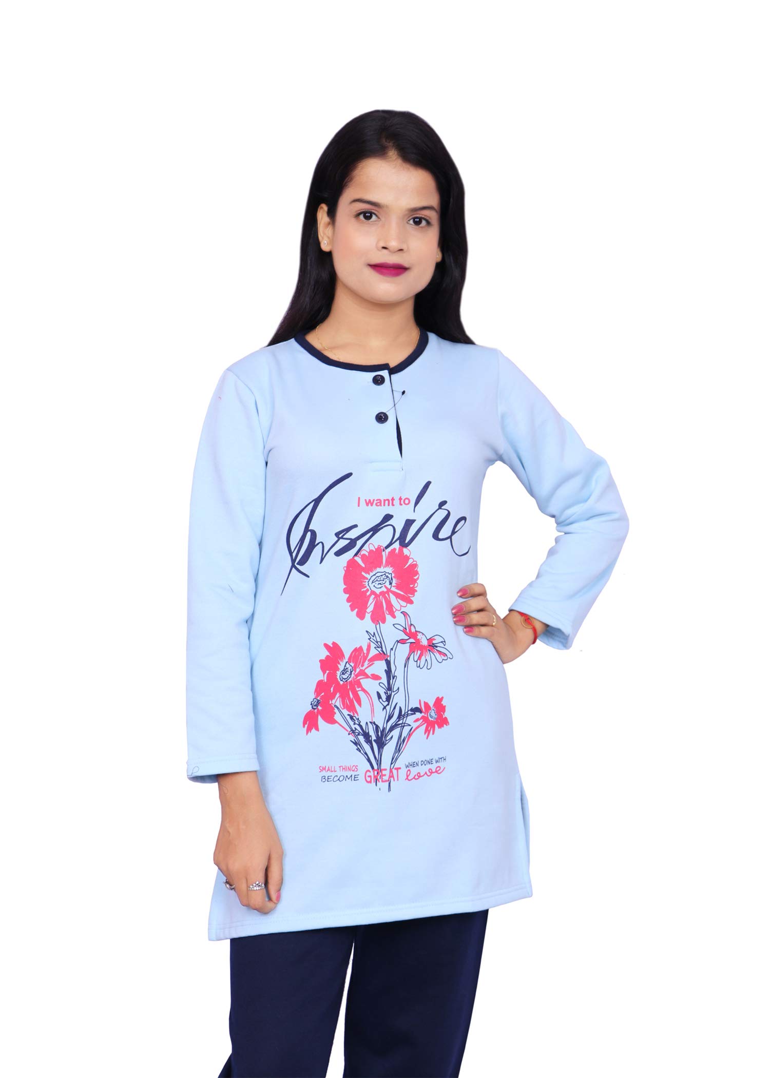 plush Women's Winter Wear Warm & Printed Night Suit Set of Shirt & Pyjama (M-Sky)-picture-1