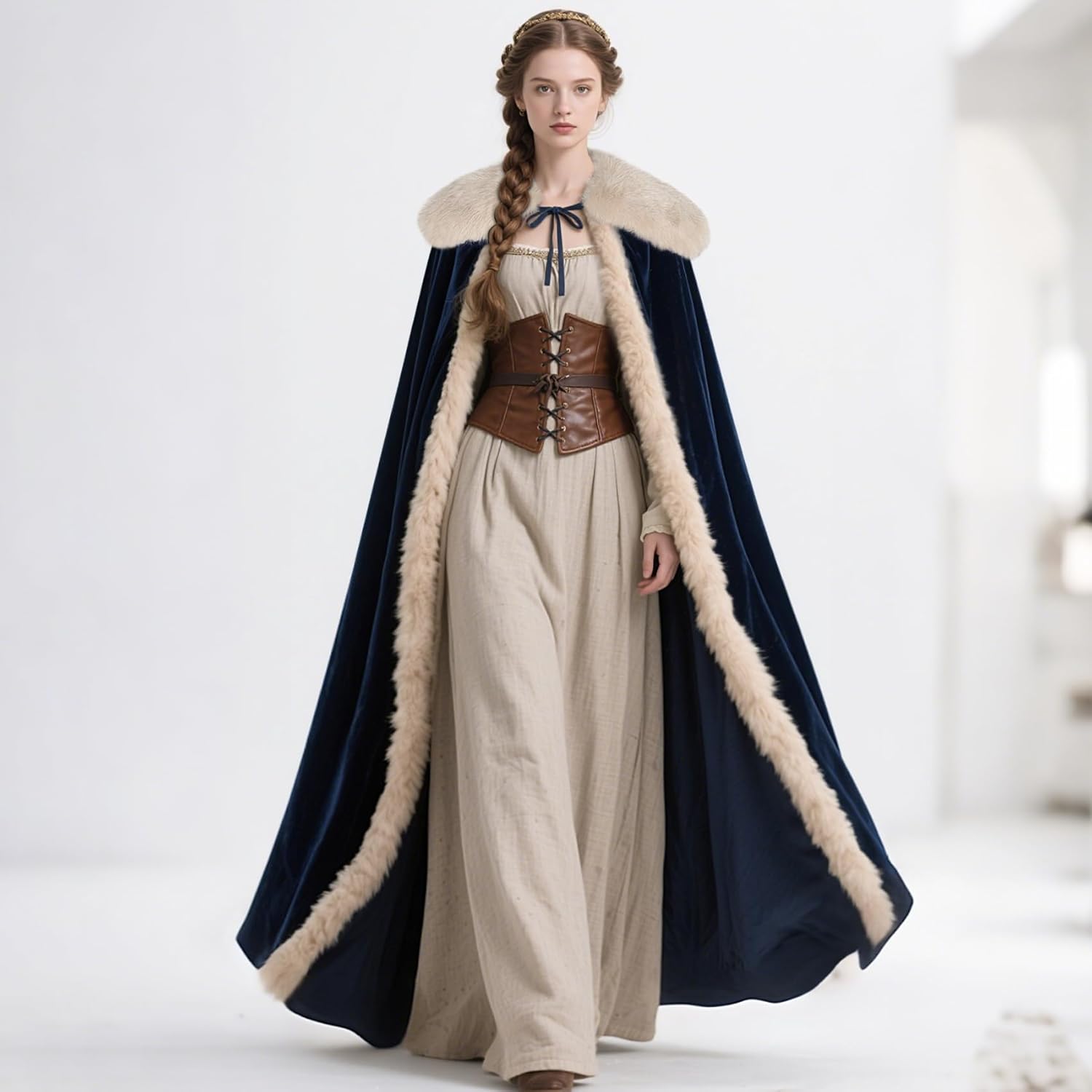Joukavor Renaissance Velvet Cape with Viking Fur Collar for Women Halloween Costume - Image 2