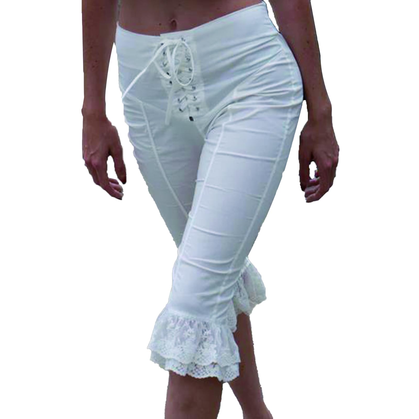 Women Plaid Capri Pants Summer Elastic Waist Knee Length Lace Ruffles Hem Skinny Casual Capris Legging