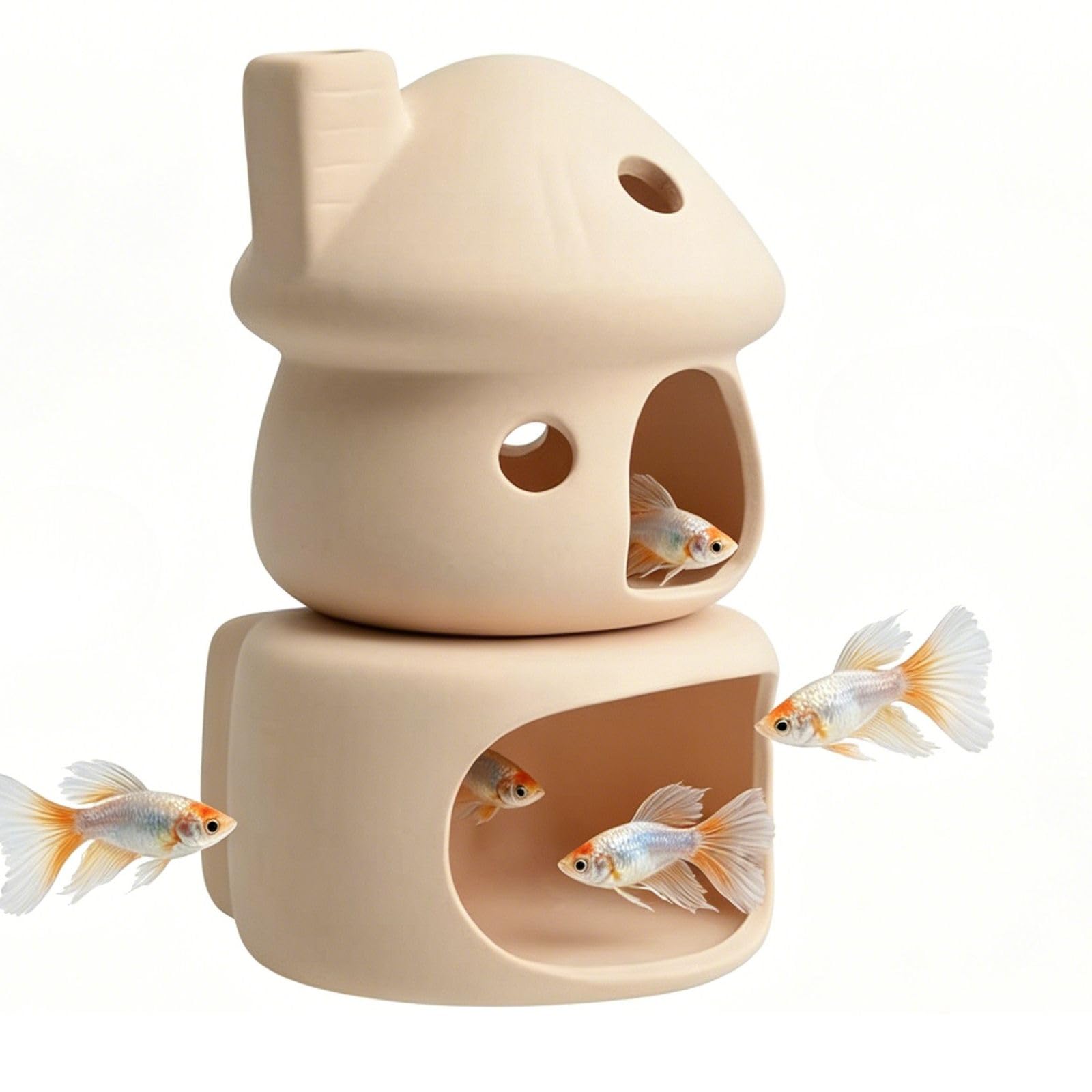 Ceramic Mushroom House Aquarium Decor Set – Natural No Paint Fish Tank Cave Hideout for Betta, Shrimp, Pleco &amp; Goldfish, Safe Spawning Cave Ornament - Beige