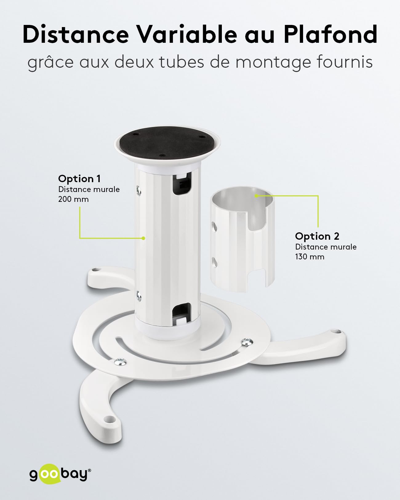 goobay Support Vidéoprojecteur Plafond Universel Jusqu'à 10 kg Entraxe 130-320 mm Inclinable 360° Rotatif Blanc - 51896