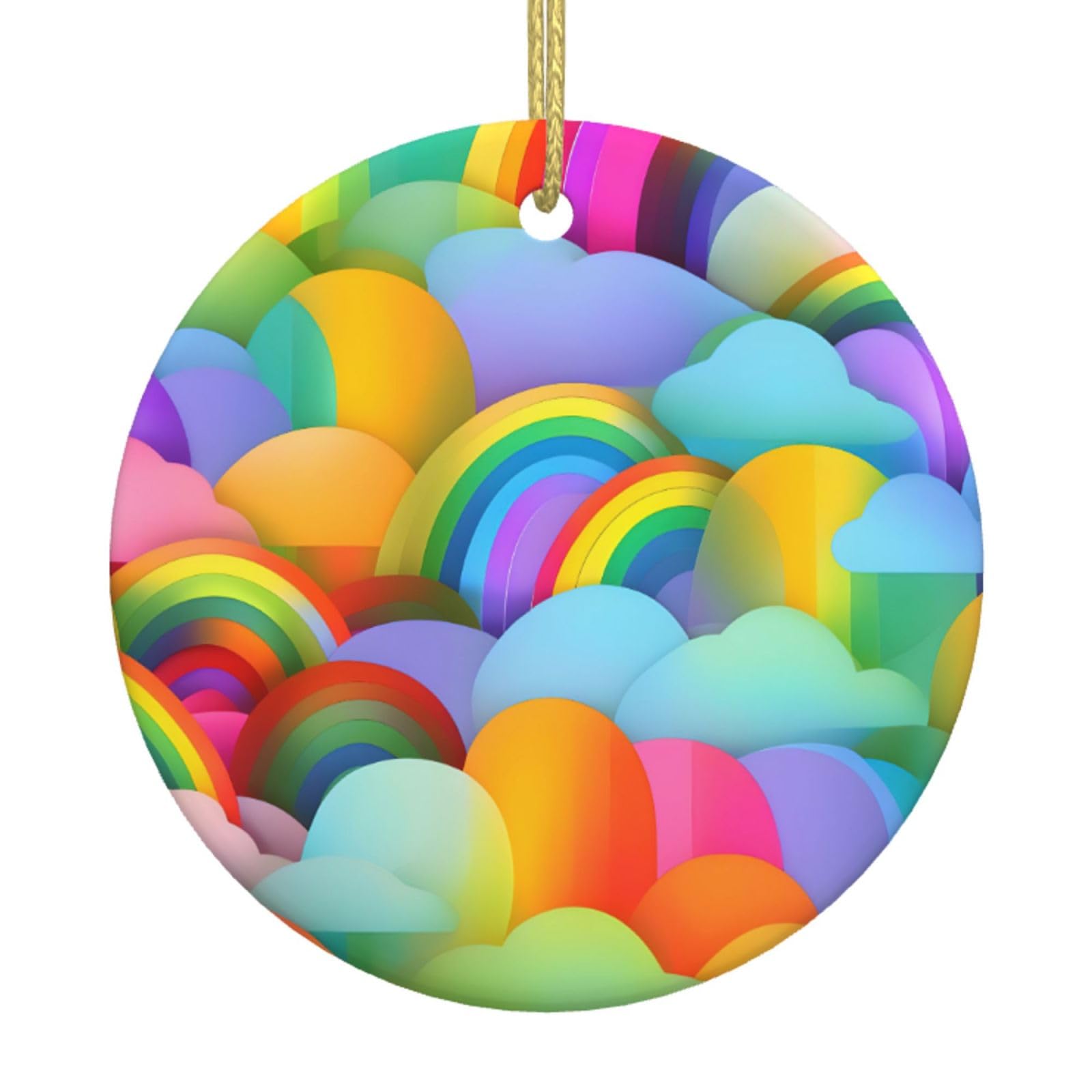 Rainbow Hearts Pattern Print Christmas Ornaments, Ceramic Hanging Ornament, Round Shape Decorations