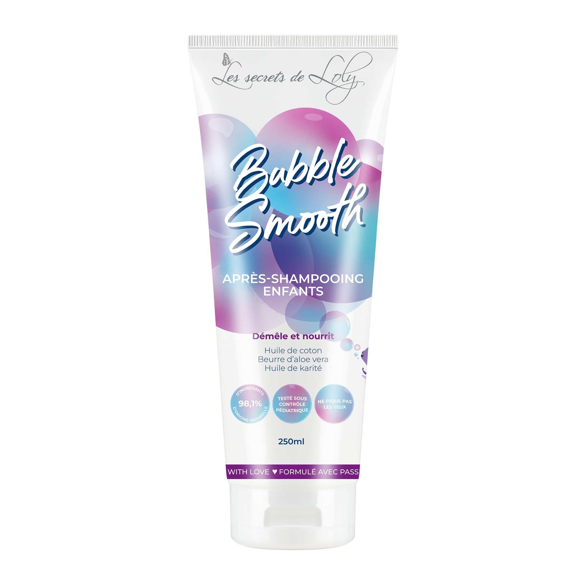 Les Secrets de Loly – Bubble Smooth – Après-shampooing enfant démêlant Nourrit & définit les boucles – Cheveux bouclés, frisés et crépus (enfants) – +98% d'origine naturelle – 250 ml - 1