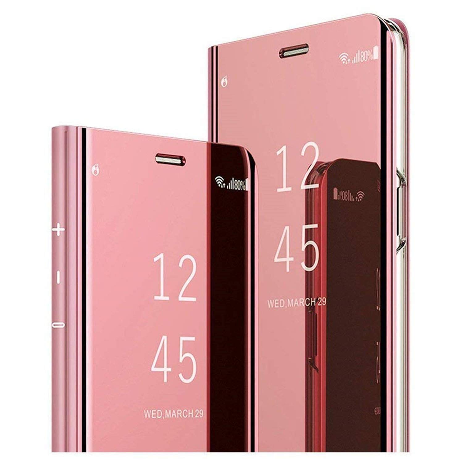 Adamarkeer Case for Samsung Galaxy J3 2017 J330 Case Plating Flip Mirror Case Smart Clear View Standing Cover Shockproof Protective Case PU Leather Cover Bumper Cover (Rose Gold)