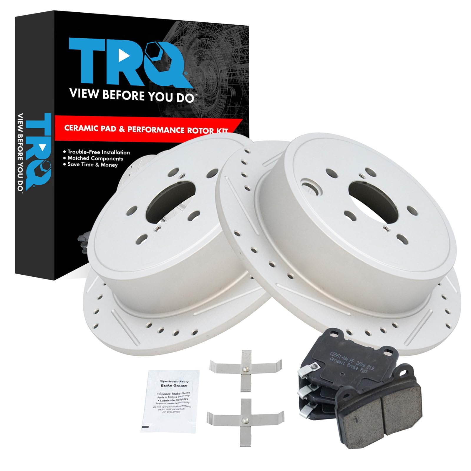 TRQ Performance Rear Brake Pad and Rotor Set Ceramic Drilled Slotted G Coated Rotors Compatible with 2008-2014 Subaru Impreza