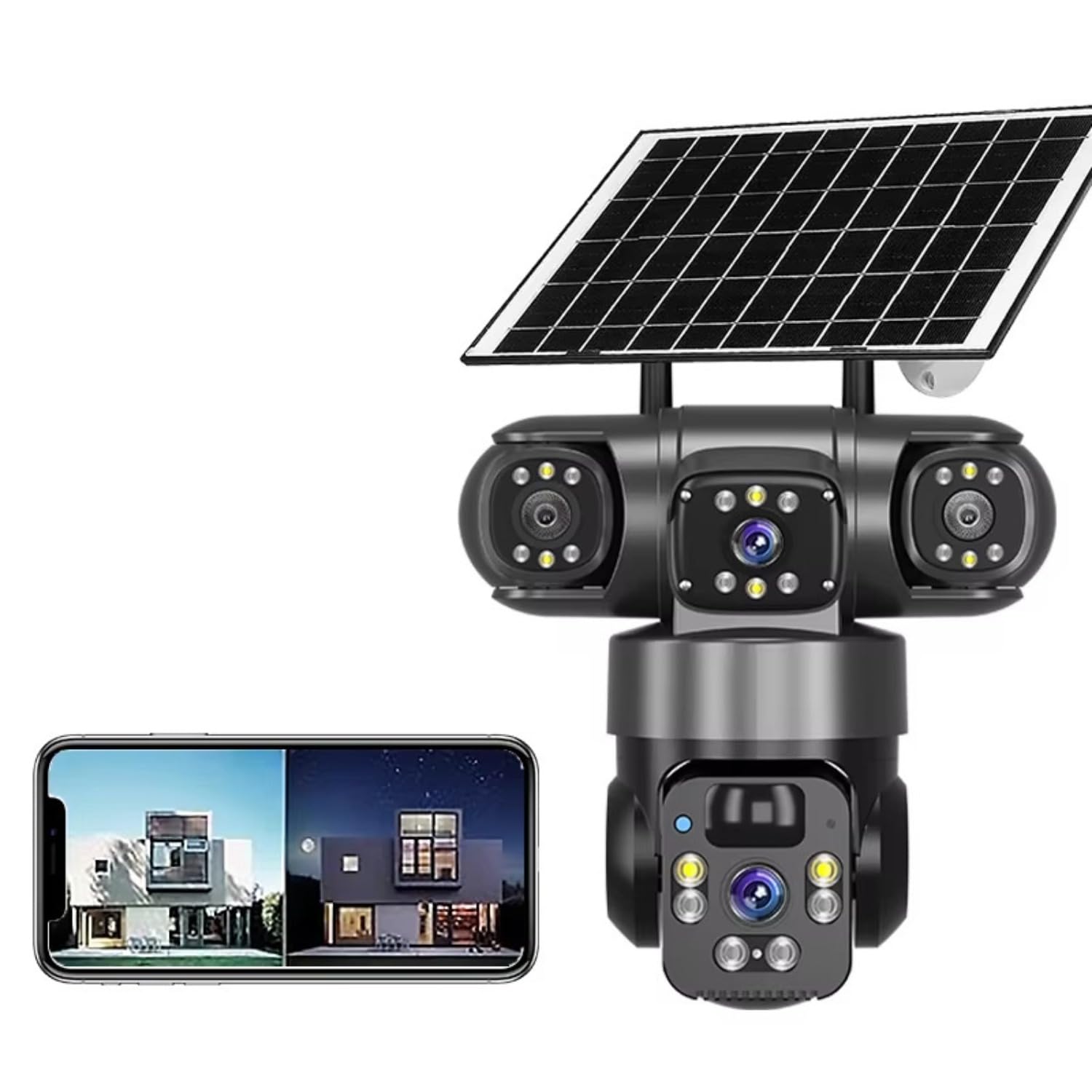 Telecamera ad energia solare, vista pan-tilt a 360°, connettività WiFi/4G, tripla lente per monitoraggio multi-schermo, telecamera IP esterna wireless (nero, connessione WiFi/Ethernet)