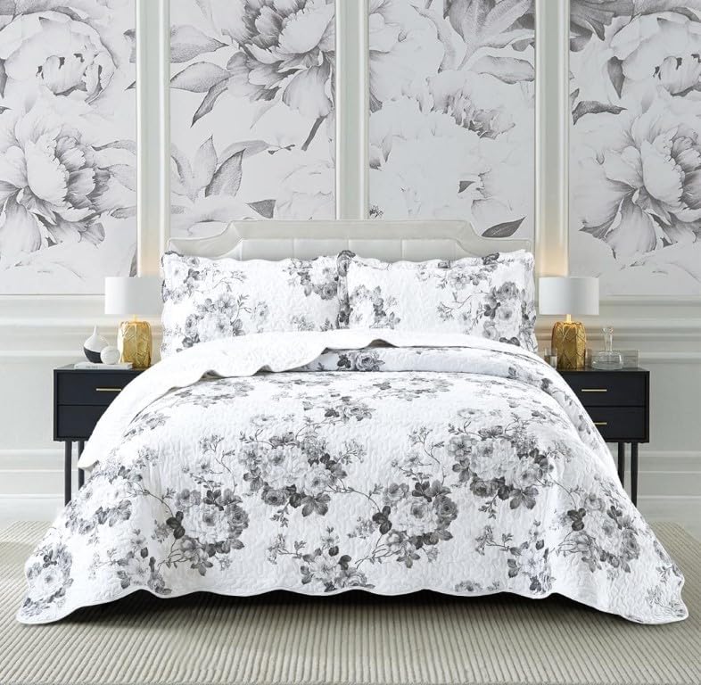 Best Linen Quilted Patchwork Bedspread Comforter Bed Throw with Pillow Sham Floral Design 2 Piece Quilted Coverlet Bedding set (Vintage Grey, Single) โ image 1