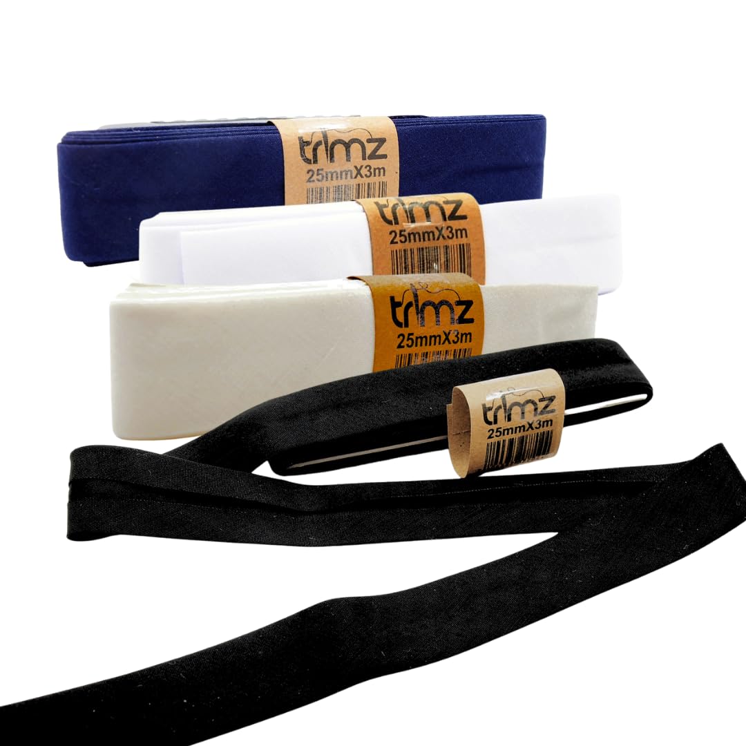 Trimz Polycotton Bias Binding Tape 3m Bundle – 4 Colour Pack (White, Ivory, Navy, Black) | Professional Dressmakers’ Bias for Sewing, Quilting & Crafts