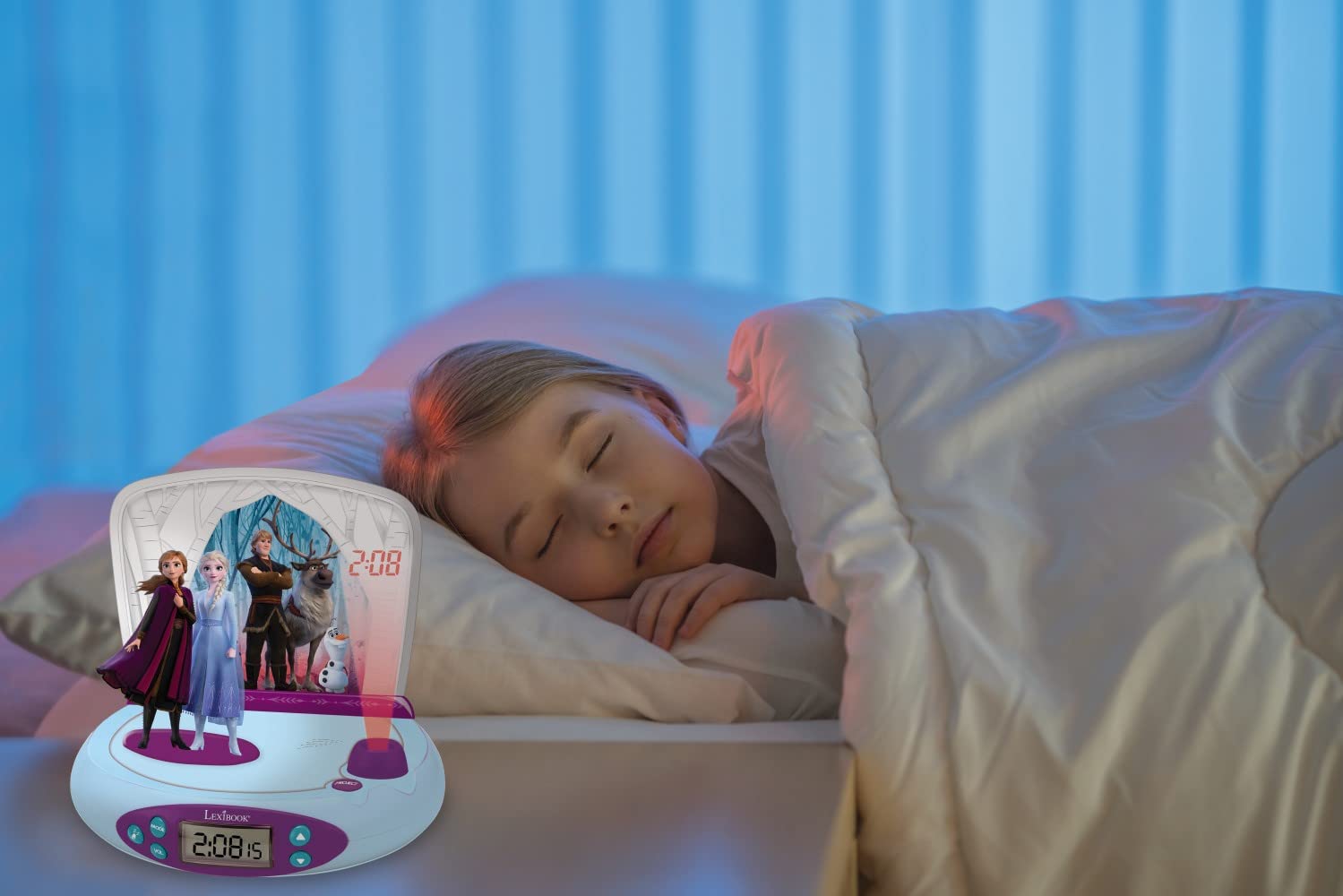 Lexibook, Frozen Elsa Anna, Sveglia con proiettore per bambini, Luce notturna e proiezione dell'ora sul soffitto, Effetti sonori, Alimentazione a batteria, Blu, RP510FZ