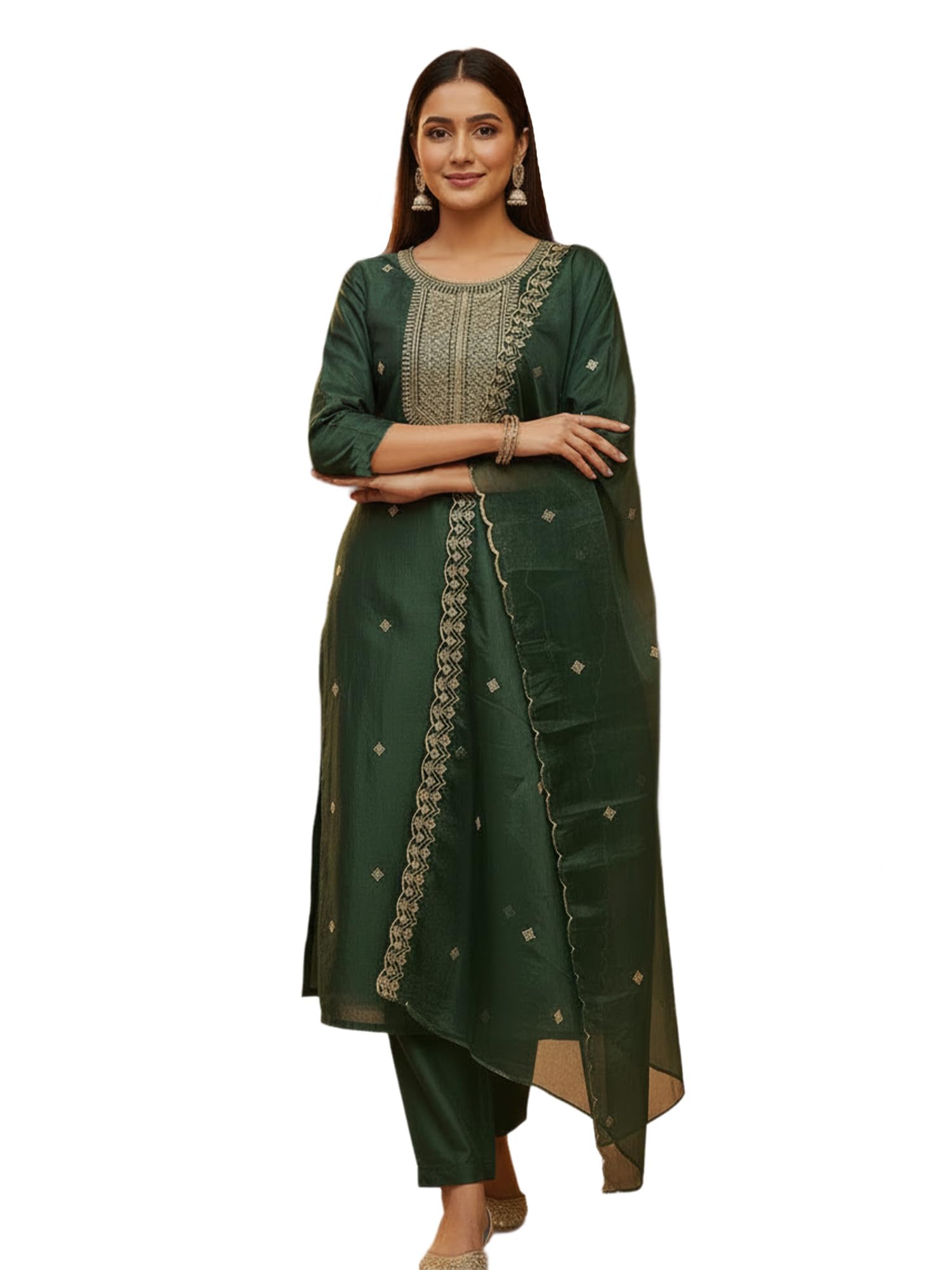 indo era Women's Silk Blend Floral Embroidered Thread Work Kurta & Pant with Dupatta Set-picture-31