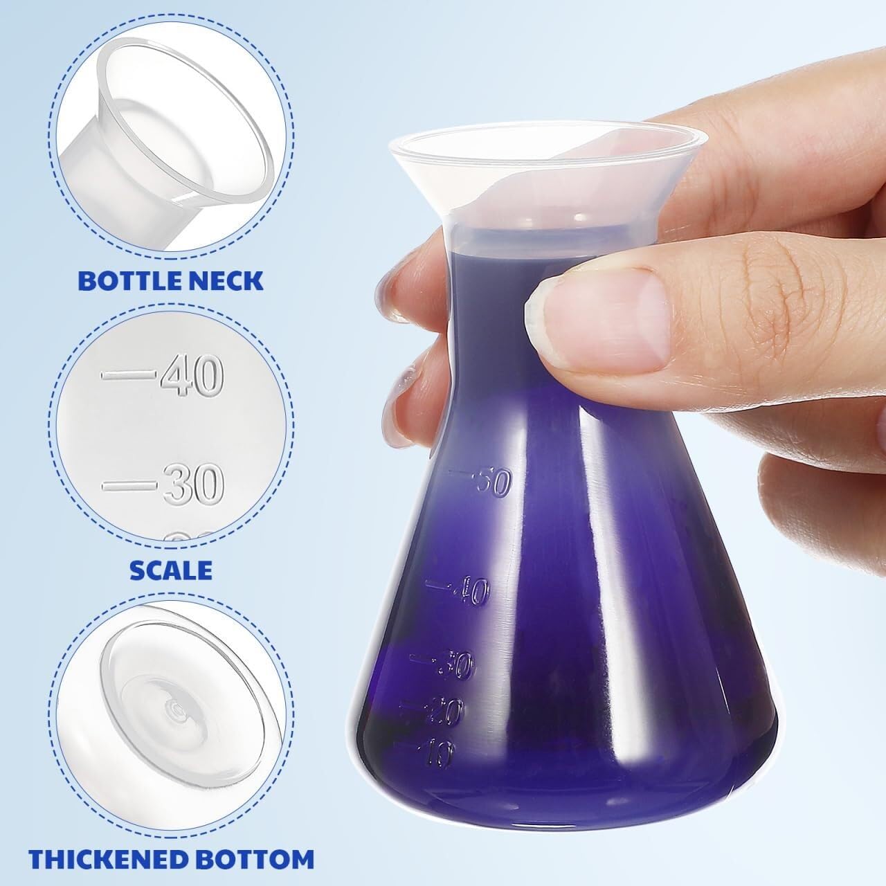 5 Kunststoff-Erlenmeyer 50ml – Transparente, graduierte Kegelkolben für Labor, Schule und Wissenschaftliche Experimente