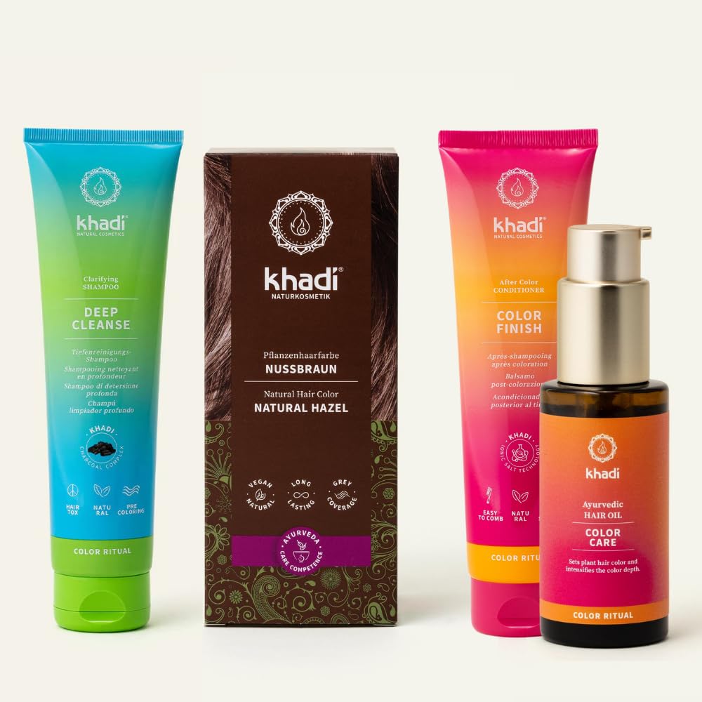 khadi Pflanzenhaarfarben ColorCycle Bundle – NUSSBRAUN Pflanzenhaarfarbe + Deep Cleanse Shampoo + Color Finish Conditioner + Color Care Haaröl