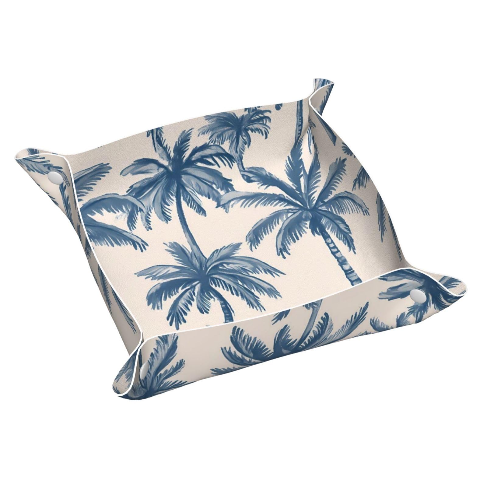 HLBSDM Watercolor Indigo Blue Palm Tree Tray Men's Leather Valet Parking Portable Entrance Trays Bedside Storage Box