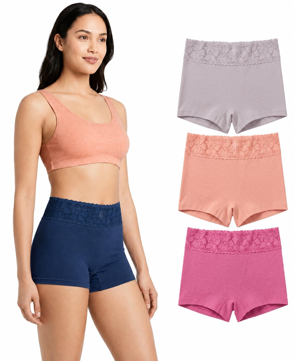 Women's Lace Boy Shorts Panty Pack| Cotton Blend Full Coverage Colourful Boyshort Underwear | Soft Stretchable Mid Rise Panties | Floral Lace Waistband for Everyday Comfort-image-30