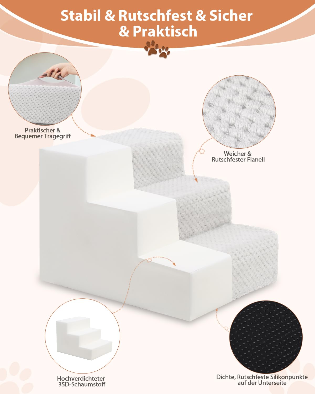KSIIA Hundetreppe für Kleine Hunde 44cm Hoch, Haustiertreppe mit Abnehmbarem Waschbarem Bezug, Katzentreppe für Alte Katzen Hunde, Rutschfestem Hunderampe Hundetreppe für Bett Sofa, Grau
