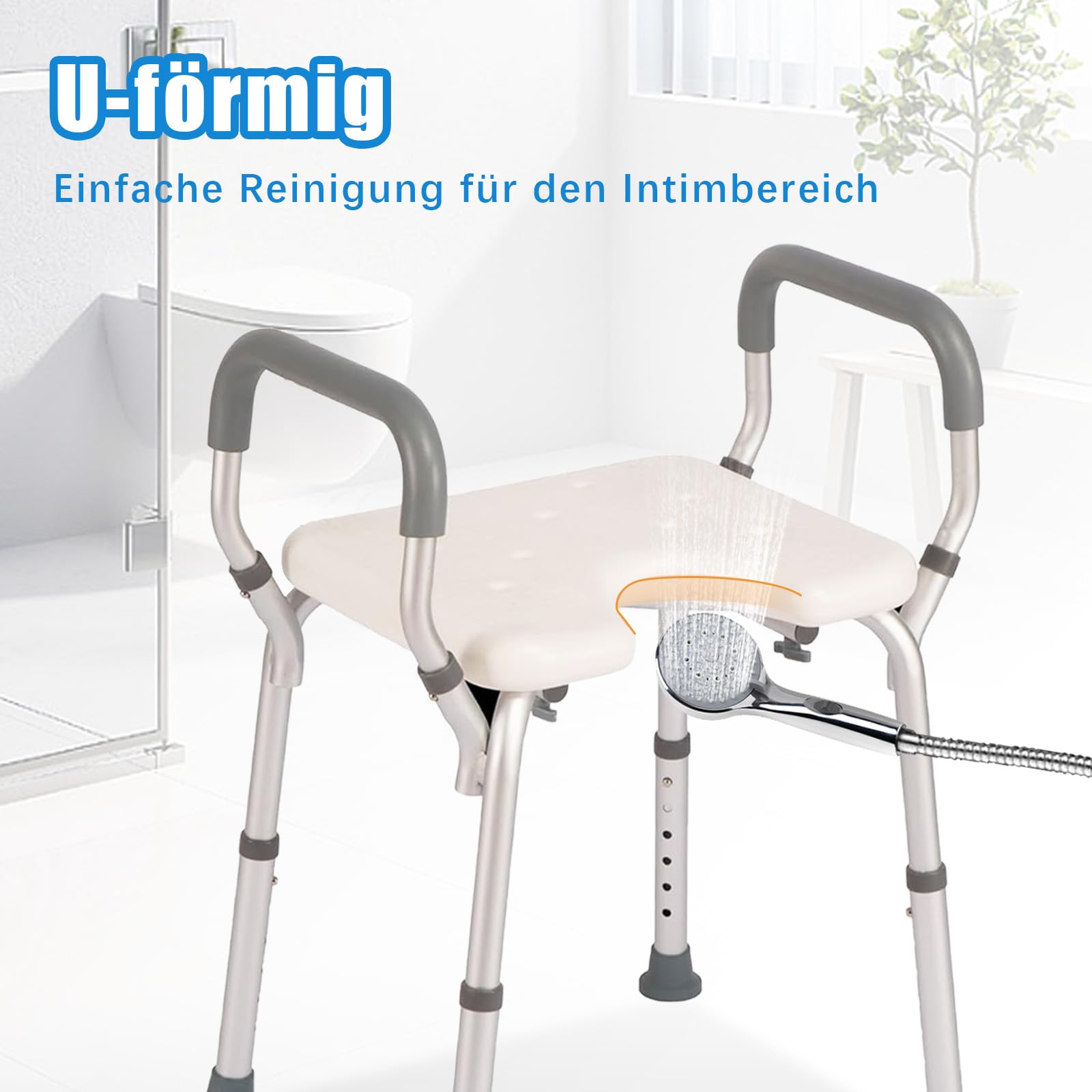 Duschhocker für Senioren, 6-stufig höhenverstellbarer Badewannenhocker mit Armlehnen & U-Sitz, Rutschfester Aluminium Duschstuhl mit Eva-Polster, 38-67cm, 150kg Tragkraft für barrierefreies Baden