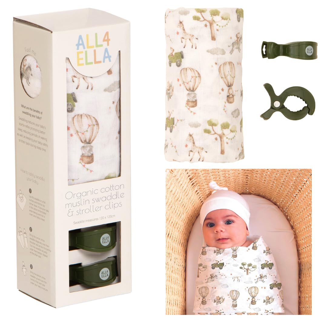 All4Ella Muslin Blanket with Stroller Clips Gift Set | Breathable Lightweight Organic Cotton Muslin Swaddle with 2 Clips | Cute Animal Pattern | Baby