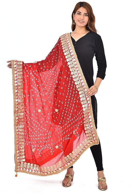 Women's Silk Jaipuri Rajasthani Bandhani Bandhej Heavy Dupatta with Gota Work and Latkan by Health with Ayurveda
