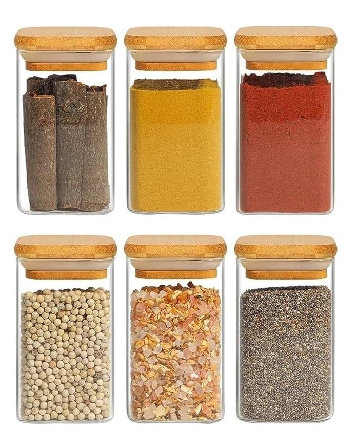 Image of 270 Ml Glass Spice Jars Set with Bamboo Lids & Square Spice Jars for Kitchen Storage and Organization set of 6(6, SQUARE BAMBOO LID GLASS JAR 270 ml -)