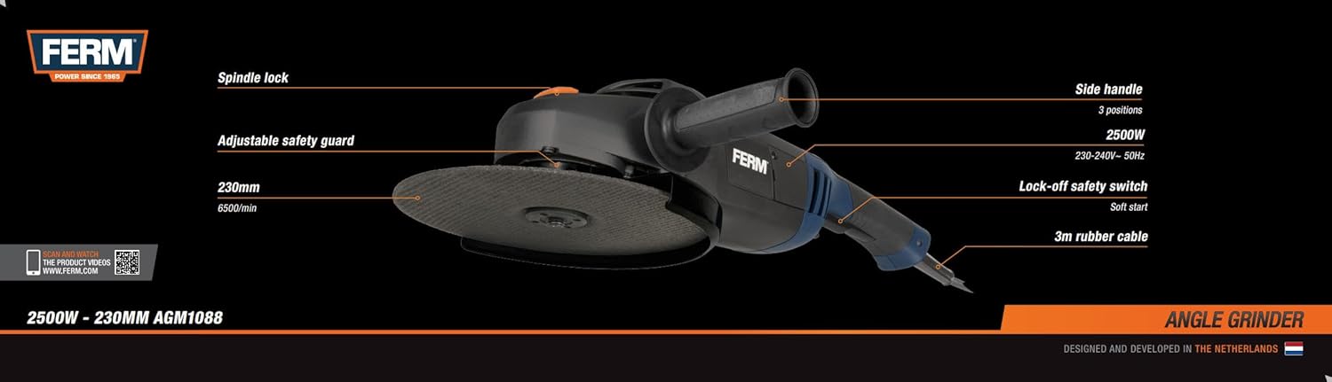 Close-up of the Ferm AGM1088 Angle Grinder showing the side handle attachment points.