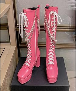 ピンク ラバー ロングブーツ スタッズ付き Amazon | [GHSDQ] ゴスロリ 風 編み上げ ピンク 厚底 エナメル ロング