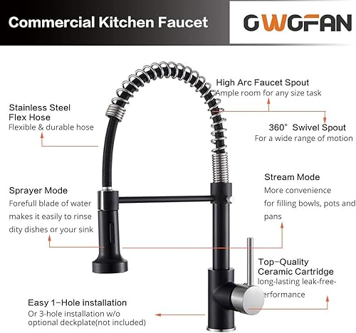 Miniatura 27 de OwOFAN - Grifos de cocina con rociador de latón sólido con níquel de cepillado industrial, de una sola manija, grifo para granja, campamento, 1 Negro