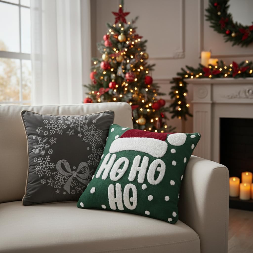 Juego de 2 fundas de cojín decorativas navideñas | Fundas de almohada de tiro | Funda de cojín | Fundas de cojín | Algodón | 45x45 cm | Gris oscuro y verde oscuro | Sin cojín interior