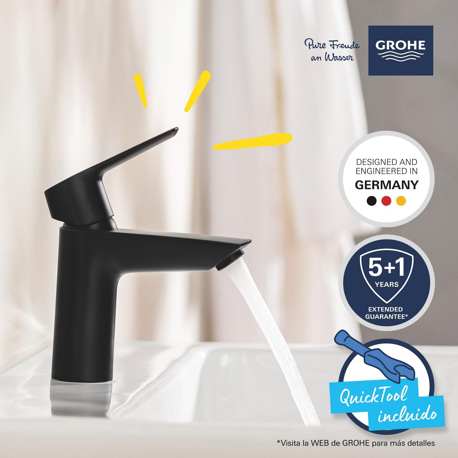 GROHE Start Grifo mezclador monomando para lavabo QuickFix (ahorro de agua, tamaño S, ahorro de energía, montaje rápido, con limitador de temperatura), Negro mate 235512432
