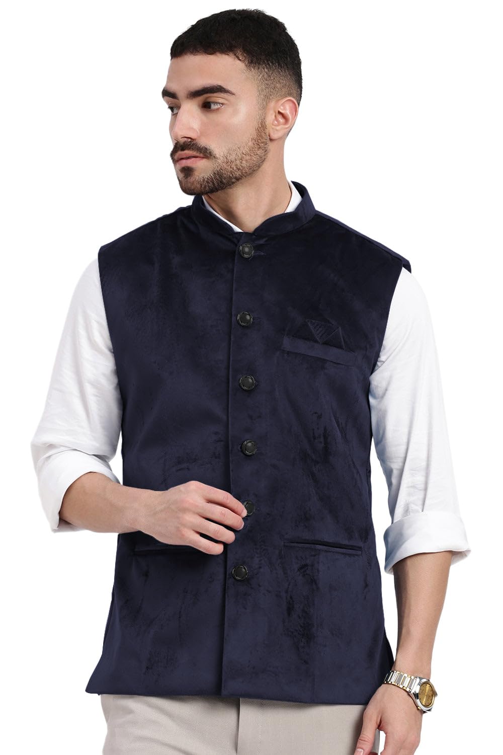 showoffff Men's Navy Blue Slim Fit Velvet Nehru Jacket-AK-Velvet-A-2_NavyBlue-picture-33