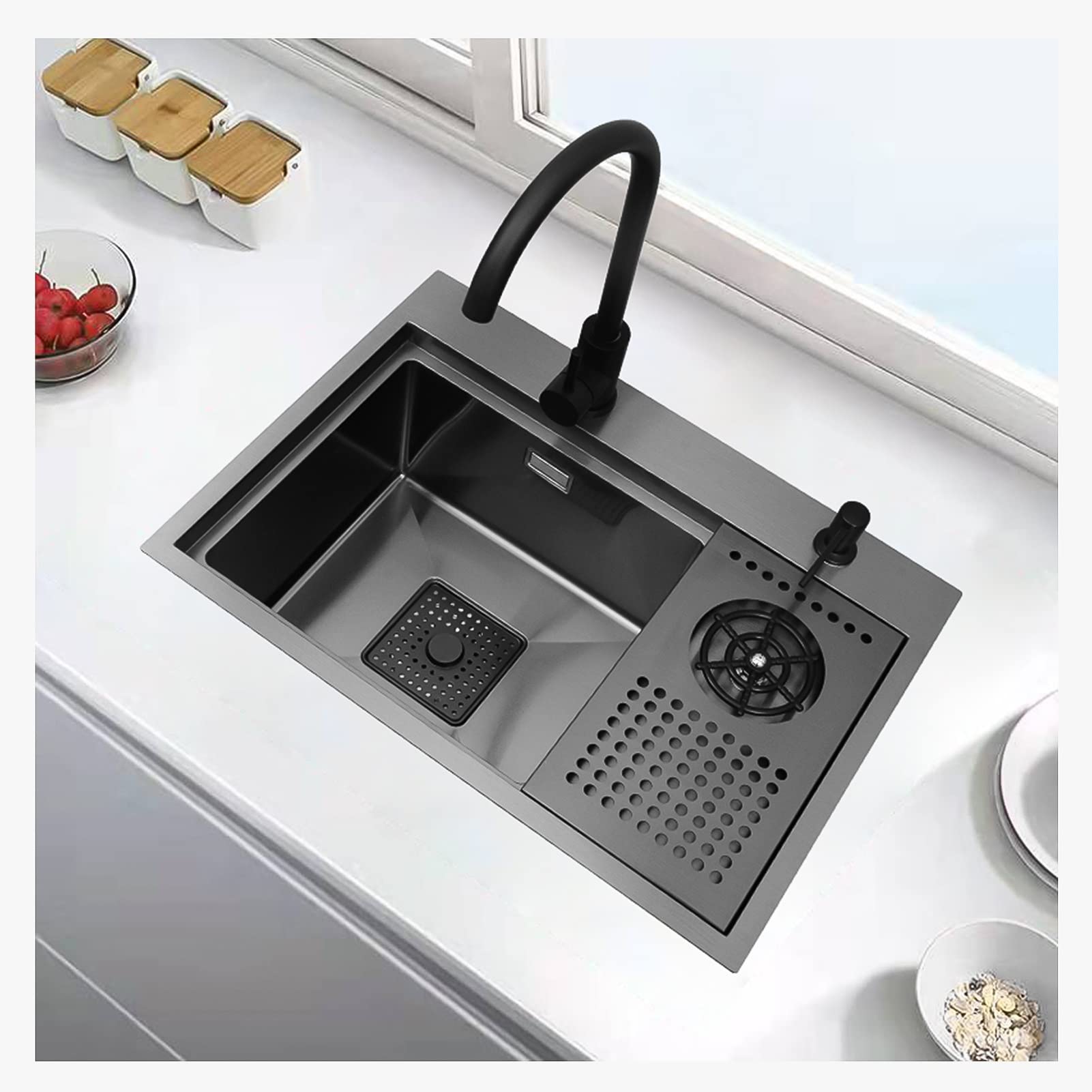 ZQFHSX Kitchen Sink With Glass Rinser,Stainless Steel Workstation Bar Sink, Cup Washer Spray Rinser For Hotel Cafe Restaurant (Color : Black-A, Size 52x39x21cm)
